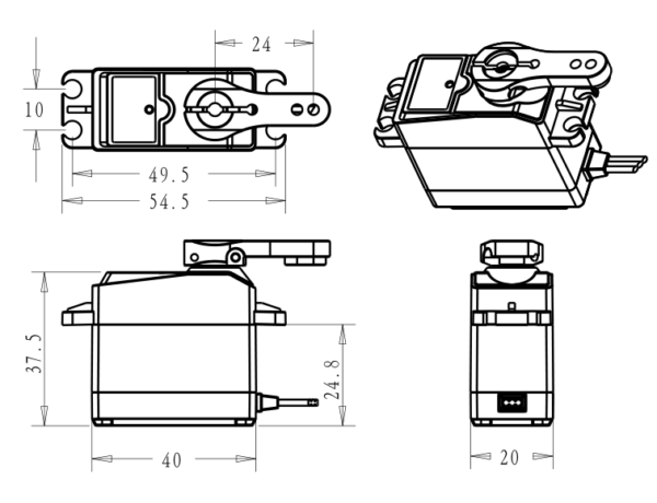 DSSERVO BLS3225 brushless servo mechanical drawing 40 mm body length 20 mm width and 37.5 mm height