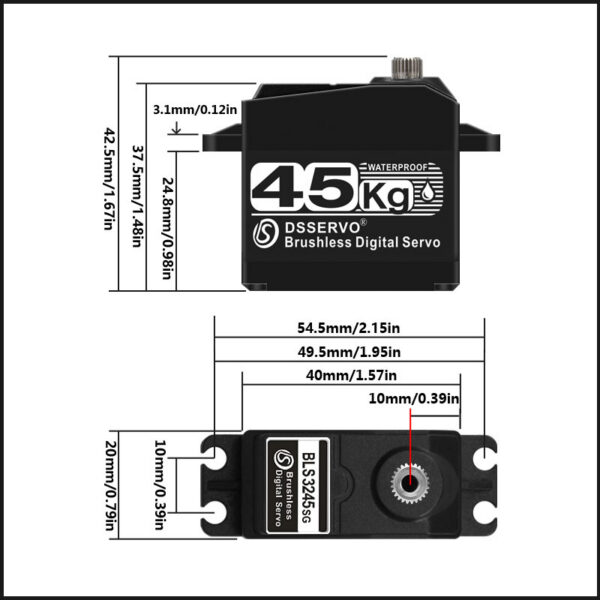 DSSERVO BLS3245 black brushless servo mounting dimensions and 42.5 mm maximum height