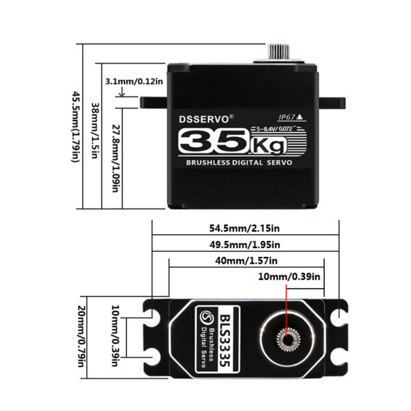 DSSERVO BLS3335 servo body dimensions 40 mm length 20 mm width and 38 mm body height