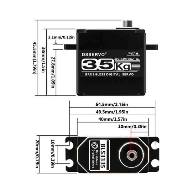 DSSERVO BLS3335 all-metal brushless servo dimension drawing 40 mm length 20 mm width and 38 mm body height