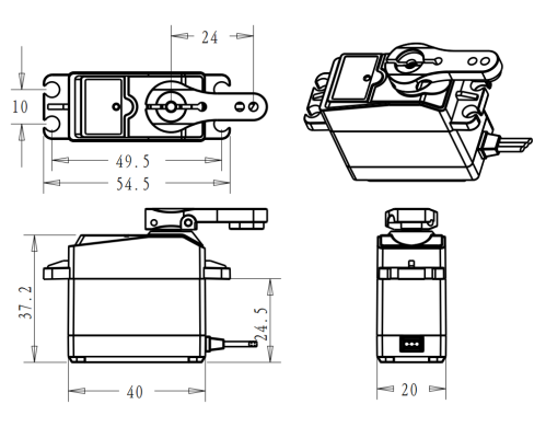 DSSERVO DS3225 PRO technical drawing with top, side, front, and perspective views