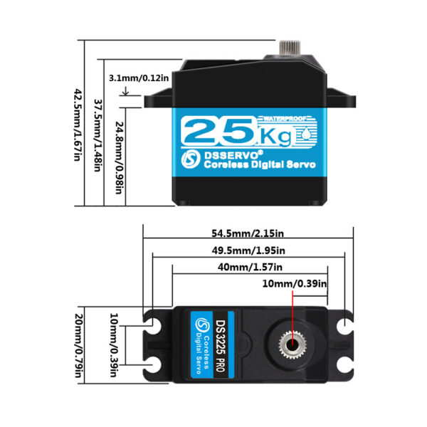 DSSERVO DS3225 PRO servo dimension drawing showing body and mounting measurements in millimeters and inches