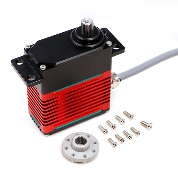 DSSERVO industrial brushless servo and horn hardware on a white background.