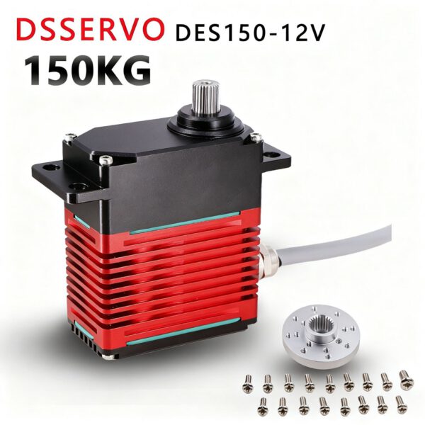 DSSERVO DES150-12V brushless servo with 150 kg·cm label, horn adapter and mounting fasteners.