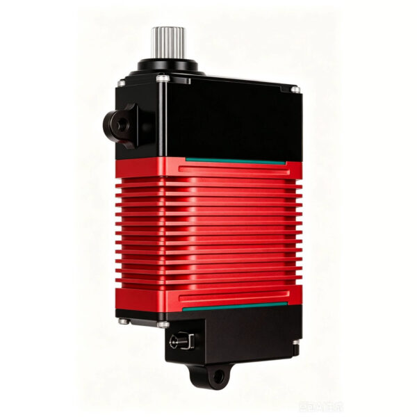 Side view of the red and black DSSERVO industrial brushless servo with its cable attached.