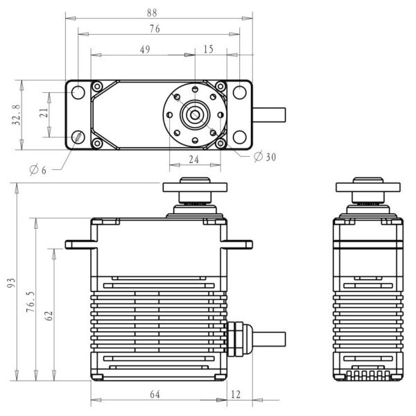 DSSERVO brushless servo outline drawing showing mounting flanges, shaft interface, cable exit and dimension labels.