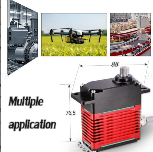 Supplier application collage showing the servo with industrial machinery, a drone and a conveyor system.