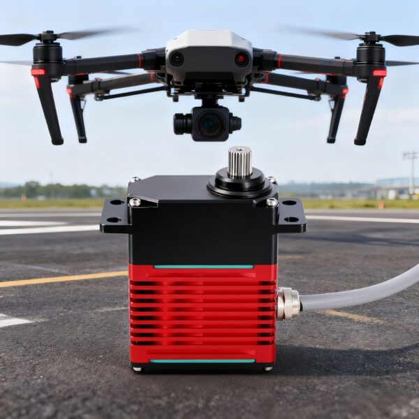 DSSERVO brushless servo photographed beneath a drone at an airfield.