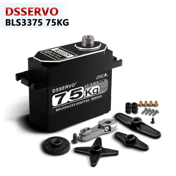 DSSERVO BLS3375 IP67 black all-metal 75kg-class brushless servo with metal arm and mounting accessories