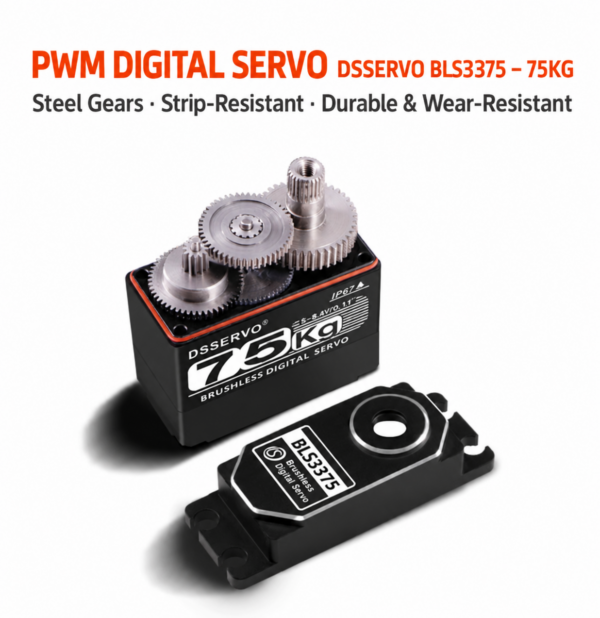 English BLS3375 PWM digital servo construction graphic showing exposed steel gears and removed top cover