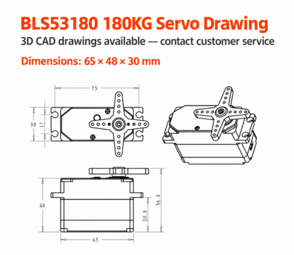 English BLS53180 servo drawing with 65 by 30 by 48 millimetre body dimensions