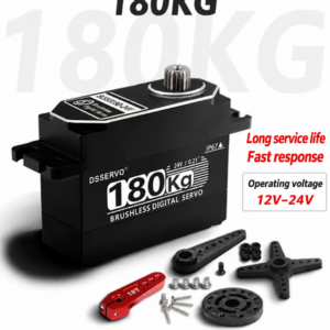 DSSERVO BLS53180 180KG-class brushless servo with 12–24 V supplier artwork and accessories