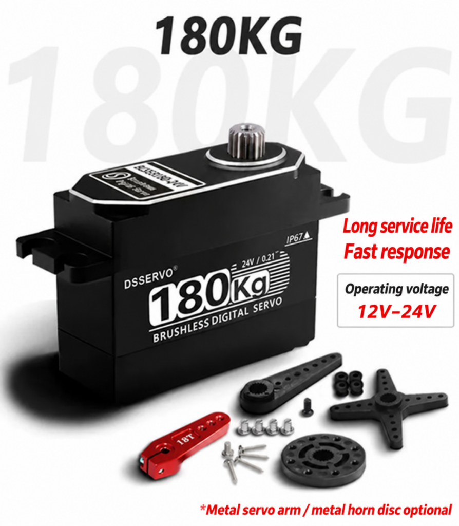 DSSERVO BLS53180 180KG-class brushless servo with 12–24 V supplier artwork and accessories