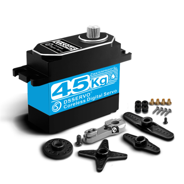 Blue and black DSSERVO CLS3345 servo with metal arm and accessories on white background