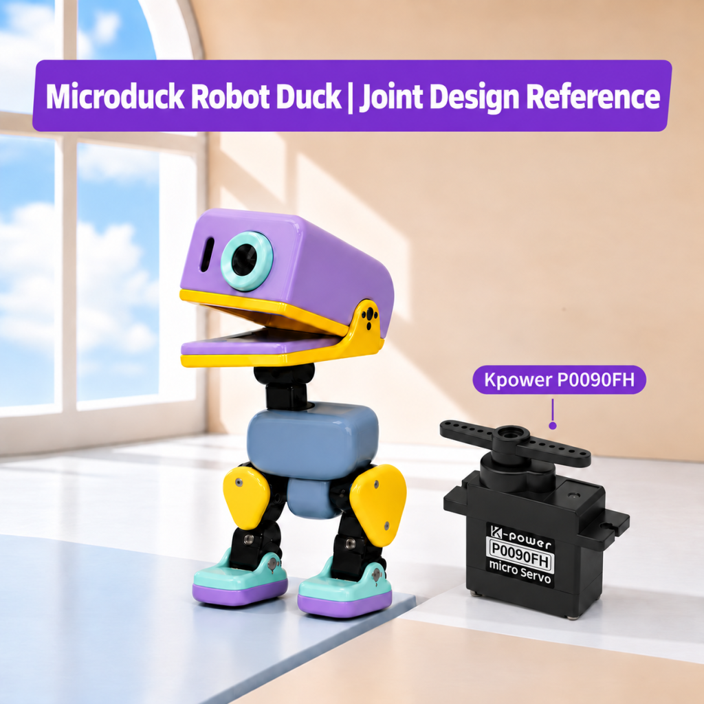 Concept illustration, not a photo, of a Microduck-inspired duck and Kpower P0090FH servo; the servo was used in our replica.