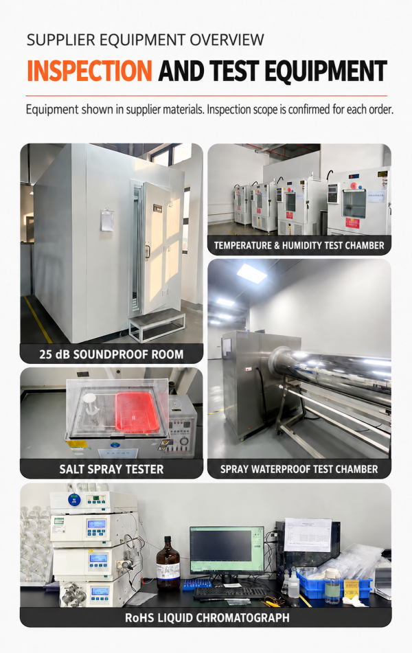 Supplier infographic showing servo inspection and test equipment, including soundproof, temperature and humidity, salt spray and waterproof test chambers.