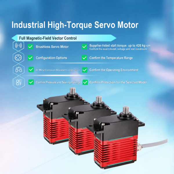 Supplier feature infographic for the DSSERVO industrial brushless servo: vector control, torque, temperature, materials and protection claims.
