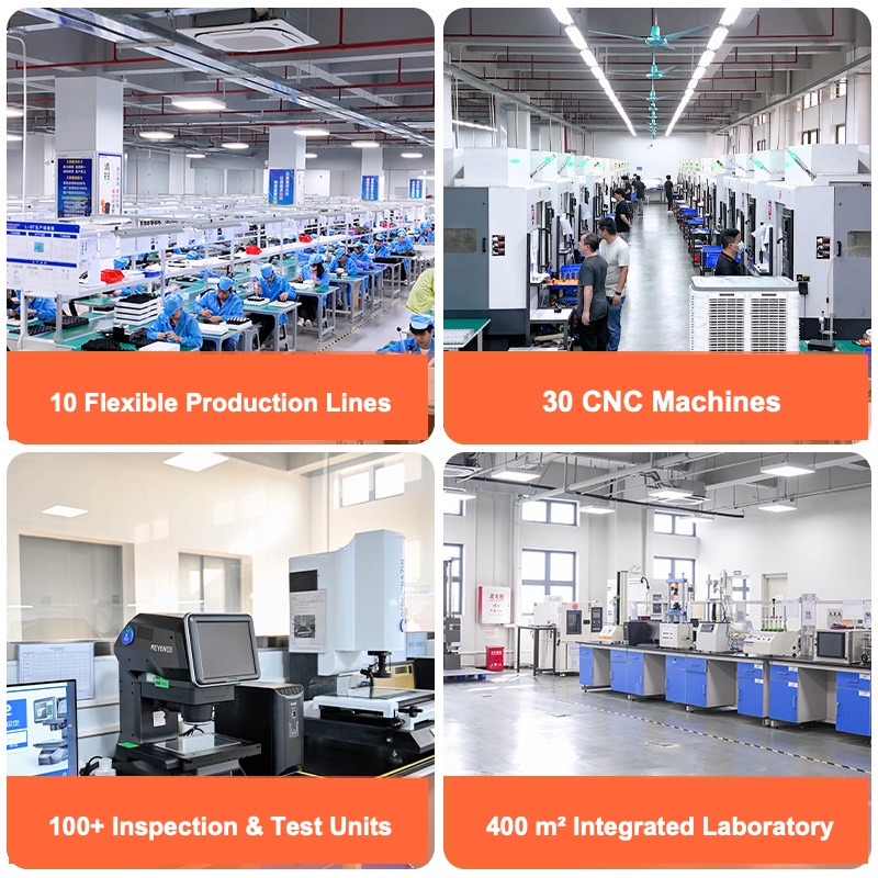Four factory capability photos: production lines, CNC machines, test equipment, and laboratory