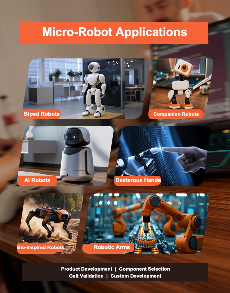 Servo applications in biped robots, companion robots, AI robots, dexterous hands, quadrupeds, and robot arms