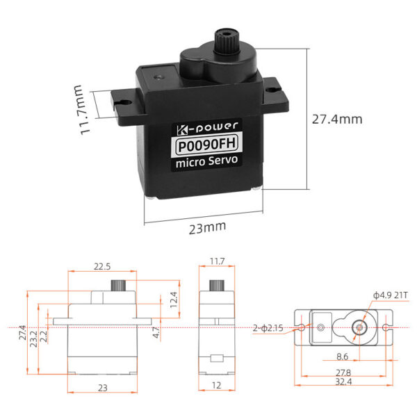 P0090FH micro servo dimensional drawing showing a 23 × 11.7 × 27.4 mm body and a 4.9 mm 21-tooth spline.