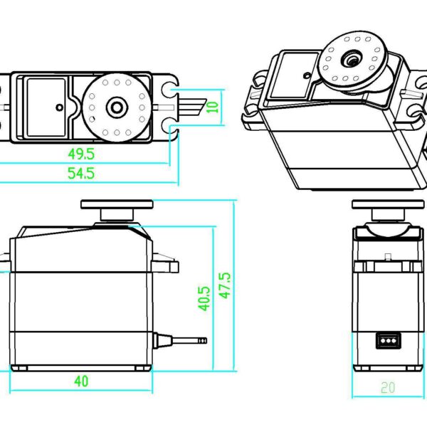 DS3225MG digital servo dimensional drawing, 40 × 20 × 40.5 mm