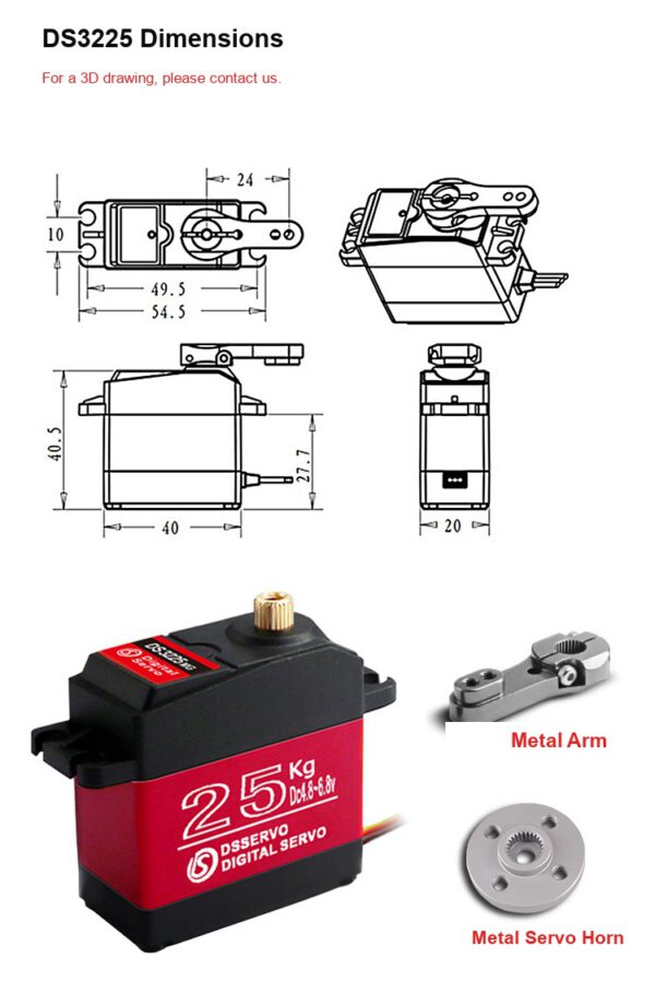 DS3225MG servo dimensional drawing with body measurements and accessory layout
