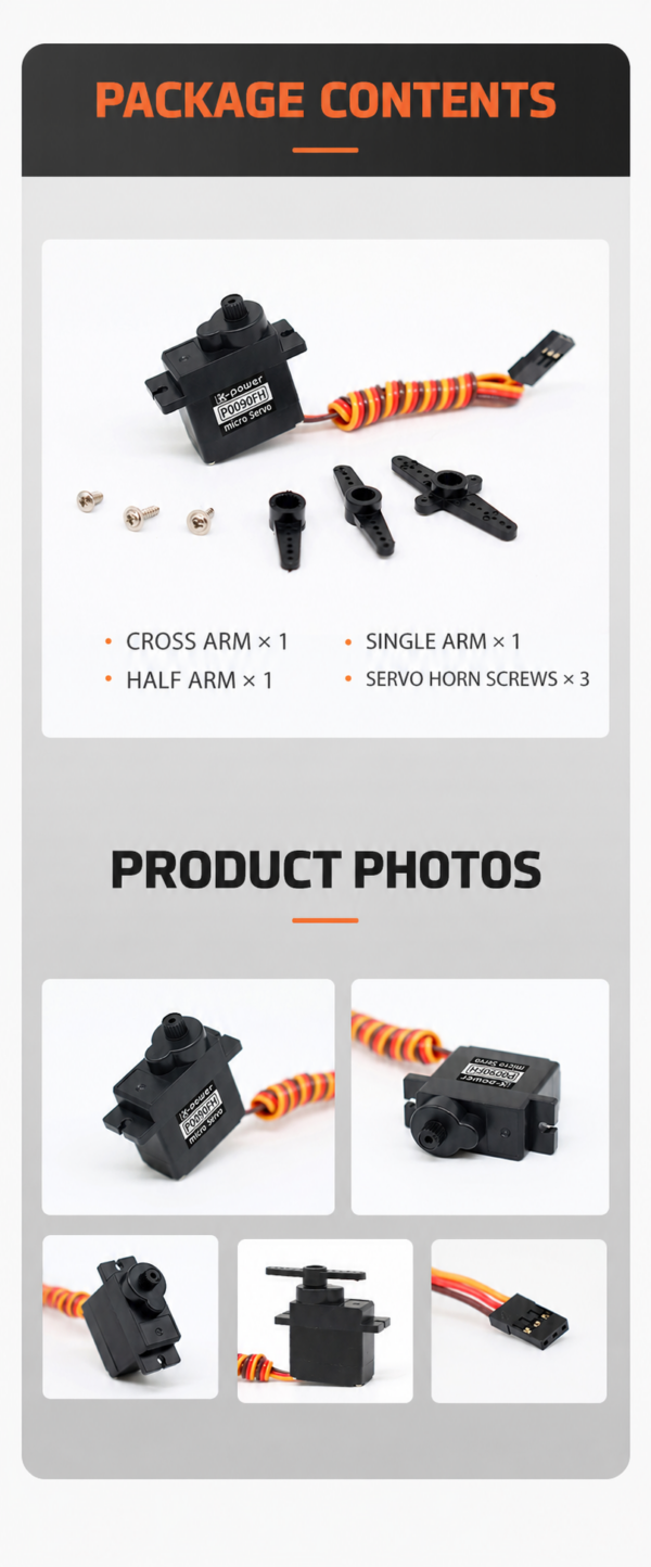 P0090FH micro servo package contents with servo, cable, three servo horns, mounting screws and product views.